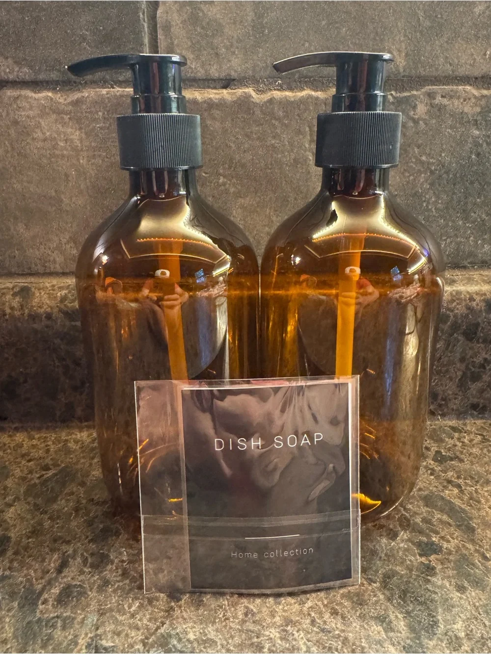 Amber Plastic Pump Soap Bottles - Dish & Hand Soap Set